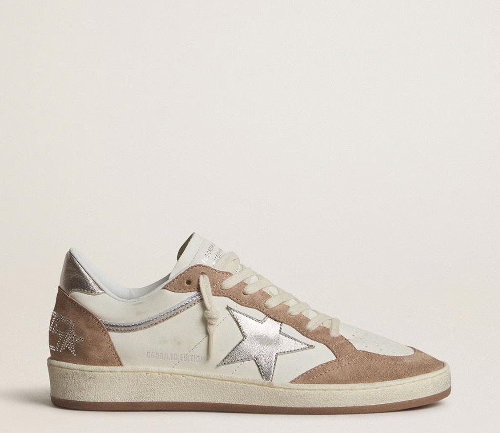 Ball Star LTD in nappa bianca e suede rosa antico con stella e talloncino in pelle laminata argento